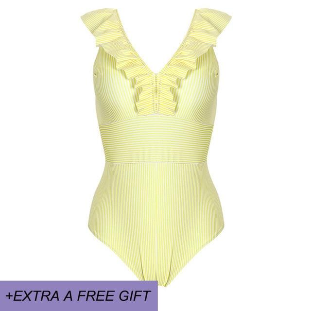 Female Retro Deep V Neck Blue Striped Swimwear One Piece Ruffled Push Up Padded High Waist Backless Sexy Swimsuit Women Monokini