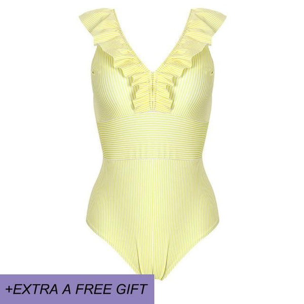 Female Retro Deep V Neck Blue Striped Swimwear One Piece Ruffled Push Up Padded High Waist Backless Sexy Swimsuit Women Monokini