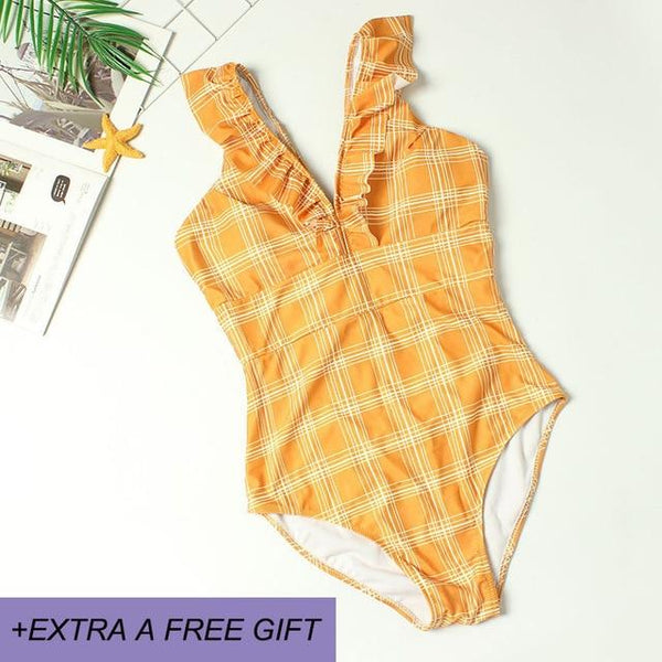 Female Retro Deep V Neck Blue Striped Swimwear One Piece Ruffled Push Up Padded High Waist Backless Sexy Swimsuit Women Monokini