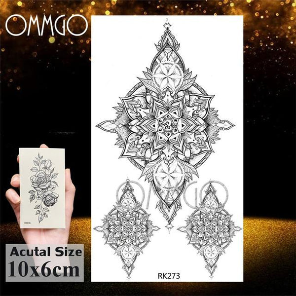 OMMGO Black Henna Arm Tattoo Mandala Flower Temporary Tattoos For Women Female Girls Sticker Fake Tattoo Mehndi Custom Tatoos