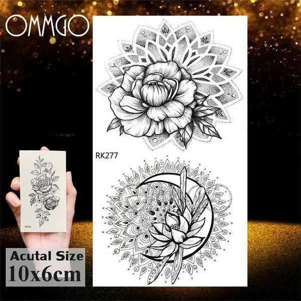OMMGO Black Henna Arm Tattoo Mandala Flower Temporary Tattoos For Women Female Girls Sticker Fake Tattoo Mehndi Custom Tatoos