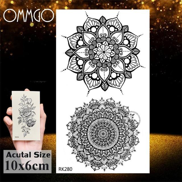 OMMGO Black Henna Arm Tattoo Mandala Flower Temporary Tattoos For Women Female Girls Sticker Fake Tattoo Mehndi Custom Tatoos