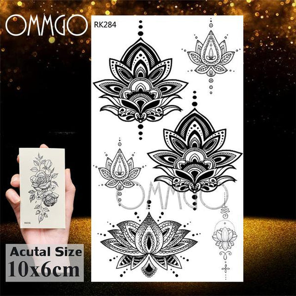 OMMGO Black Henna Arm Tattoo Mandala Flower Temporary Tattoos For Women Female Girls Sticker Fake Tattoo Mehndi Custom Tatoos