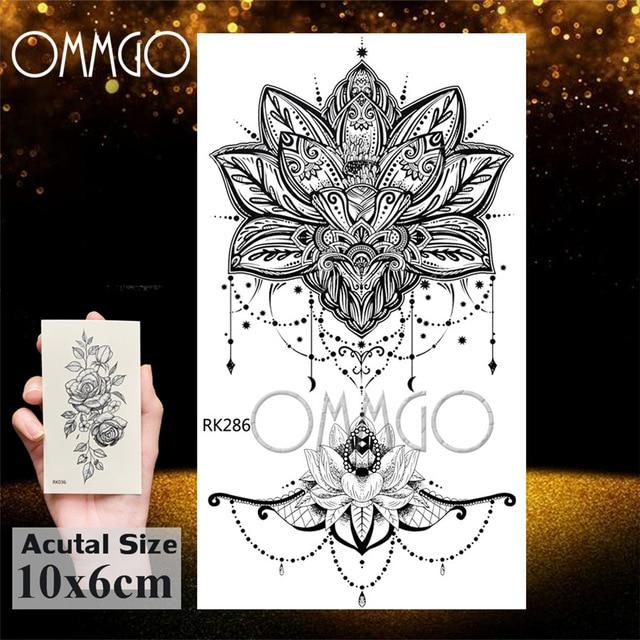 OMMGO Black Henna Arm Tattoo Mandala Flower Temporary Tattoos For Women Female Girls Sticker Fake Tattoo Mehndi Custom Tatoos