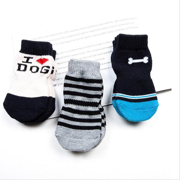 4 pcs / lot  Perro Pet Socks Cotton Anti-slip Knit Weave Warm Sock Skid Bottom Dog Clothes hond chien Mascotas calcetines lote