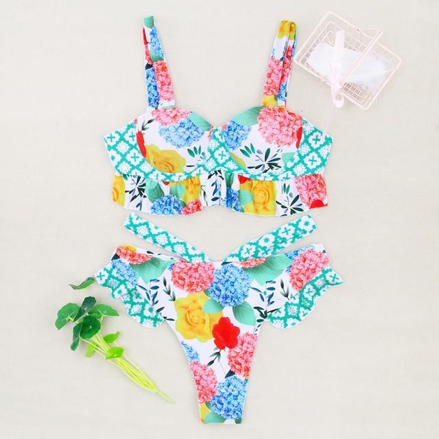 Zrtak Ruffle Off Shoulder Bikini Floral Swimsuit Bandage Lace Up Swimwear Push Up Biquini Feminino Bathing Suit Women Bikini Set
