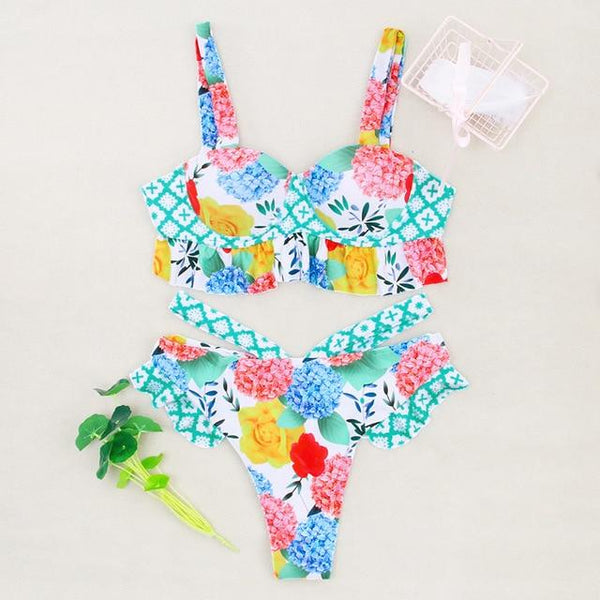 Zrtak Ruffle Off Shoulder Bikini Floral Swimsuit Bandage Lace Up Swimwear Push Up Biquini Feminino Bathing Suit Women Bikini Set