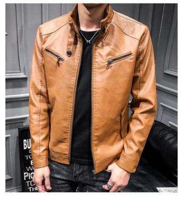 LNREAL Men's Synthetic Leather Jackets Solid Slim Stand Collar Zipper Fashion Coat