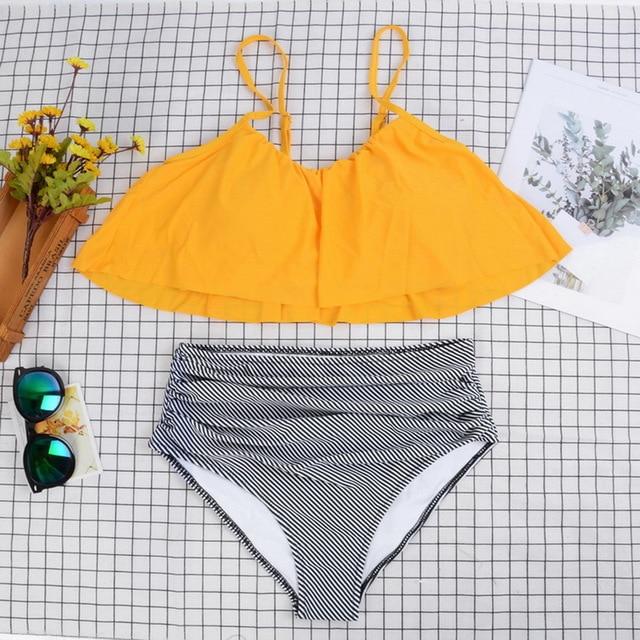 MoneRffi 2019 Swimsuit Women Beach Wear Retro Boho Flounce Swimwear Sexy High  Bikini Set Push Up Bathing Suit Plus Size