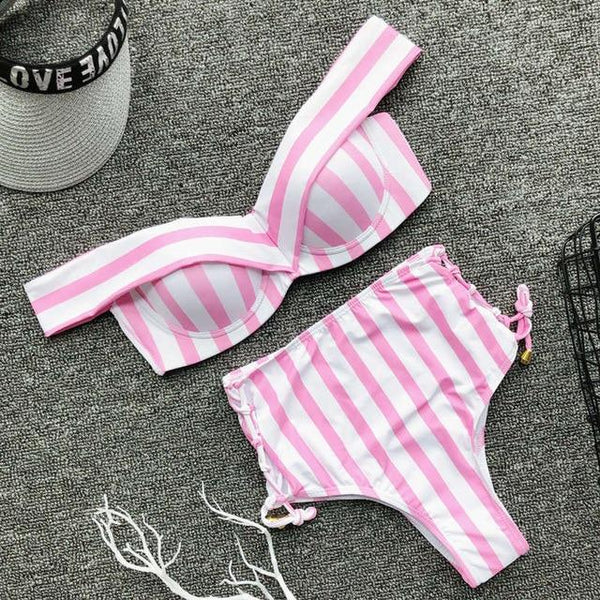 Striped swimsuit women High waist bikini set Off shoulder swimwear 2019 Lace up bathing suit Sexy two-piece suit Push up bathers