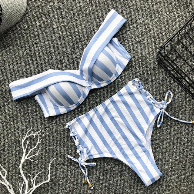 Striped swimsuit women High waist bikini set Off shoulder swimwear 2019 Lace up bathing suit Sexy two-piece suit Push up bathers