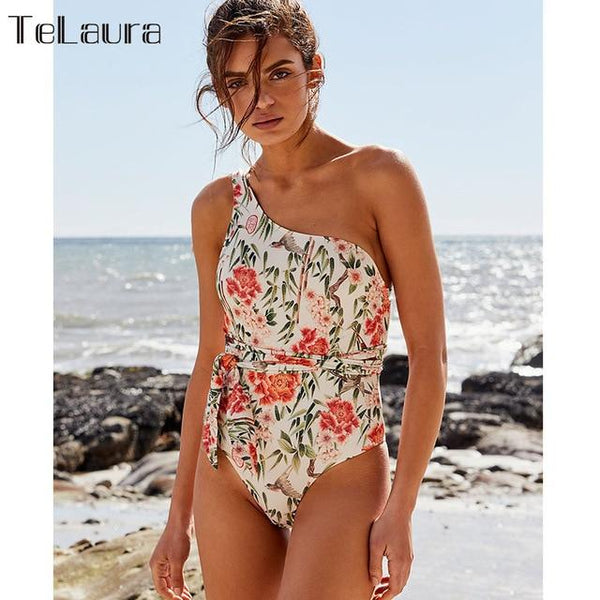 2019 Sexy One Piece Swimsuit Women Swimwear Push Up Monokini Print Bandage One shoulder Bathing Suit Bodysuit Beach Wear Female