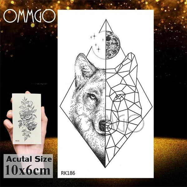 OMMGO Black Wolf Forest Tribal Feather Tattoos Temporary Sticker Tree Fierce Animal Fake Tattoo For Men Body Art Custom Tatoos