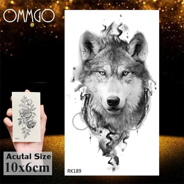 OMMGO Black Wolf Forest Tribal Feather Tattoos Temporary Sticker Tree Fierce Animal Fake Tattoo For Men Body Art Custom Tatoos
