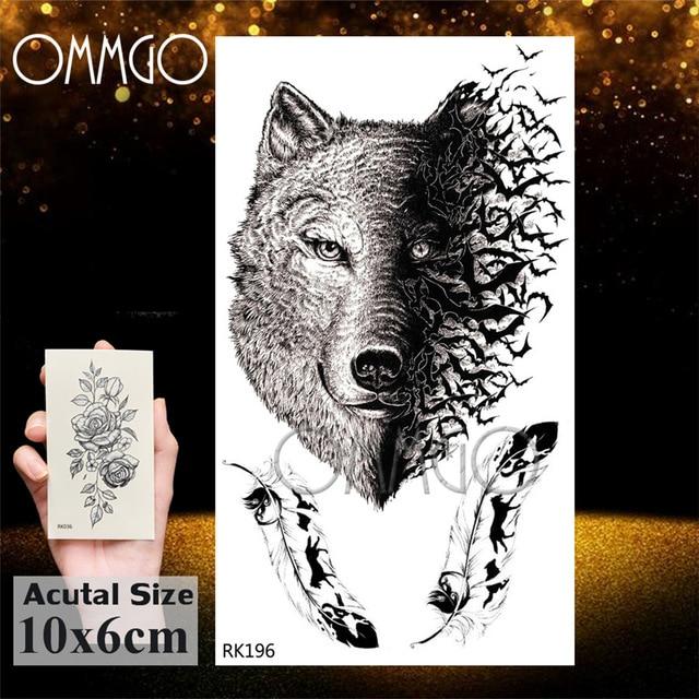 OMMGO Black Wolf Forest Tribal Feather Tattoos Temporary Sticker Tree Fierce Animal Fake Tattoo For Men Body Art Custom Tatoos