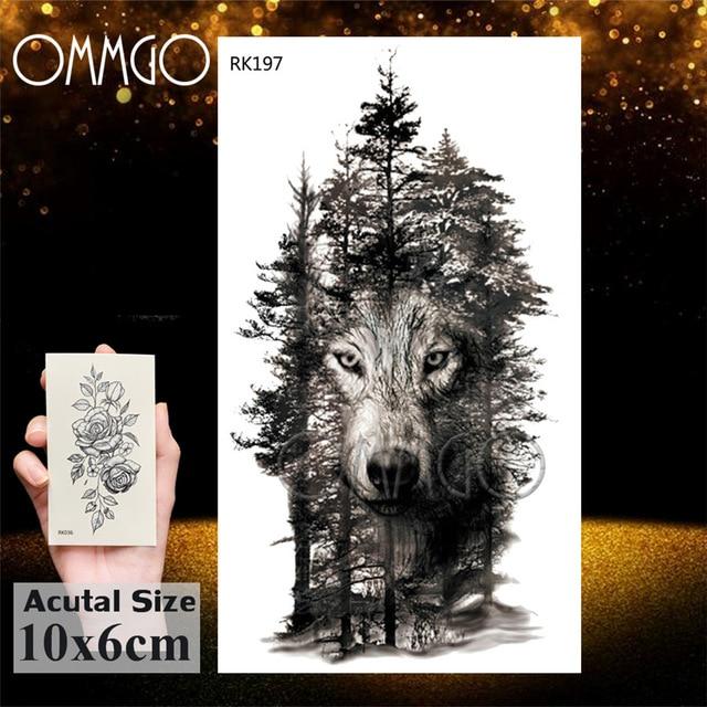 OMMGO Black Wolf Forest Tribal Feather Tattoos Temporary Sticker Tree Fierce Animal Fake Tattoo For Men Body Art Custom Tatoos