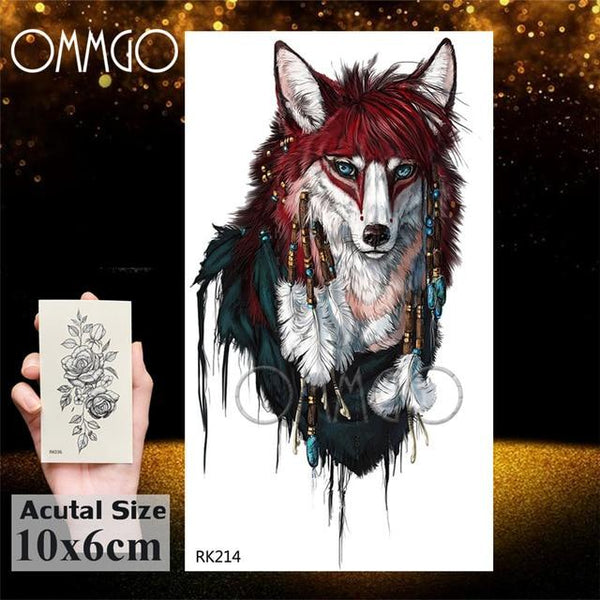OMMGO Black Wolf Forest Tribal Feather Tattoos Temporary Sticker Tree Fierce Animal Fake Tattoo For Men Body Art Custom Tatoos
