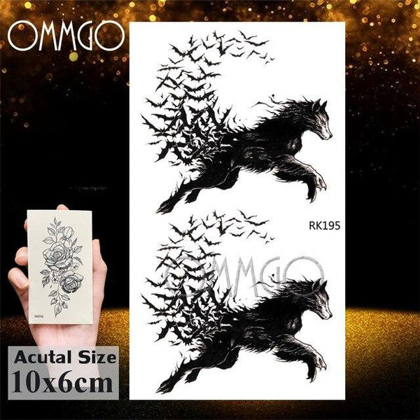 OMMGO Black Wolf Forest Tribal Feather Tattoos Temporary Sticker Tree Fierce Animal Fake Tattoo For Men Body Art Custom Tatoos