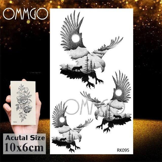 OMMGO Black Wolf Forest Tribal Feather Tattoos Temporary Sticker Tree Fierce Animal Fake Tattoo For Men Body Art Custom Tatoos