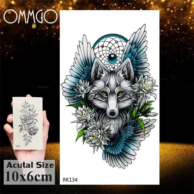 OMMGO Black Wolf Forest Tribal Feather Tattoos Temporary Sticker Tree Fierce Animal Fake Tattoo For Men Body Art Custom Tatoos
