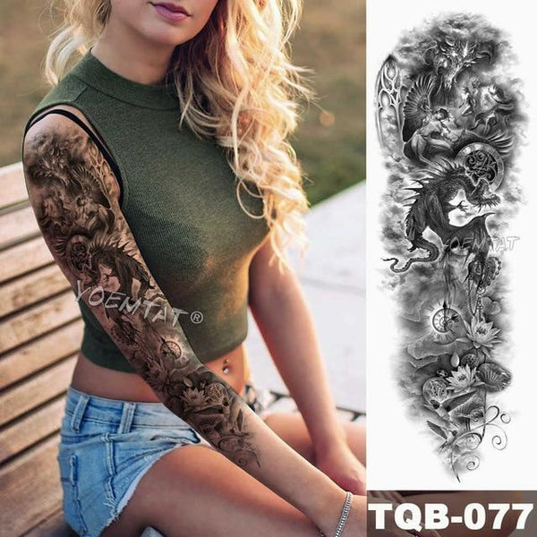 Large Arm Sleeve Tattoo Maori Power Totem Waterproof Temporary Tatto Sticker Warrior Samurai Angel Skull Men Full Black Tatoo