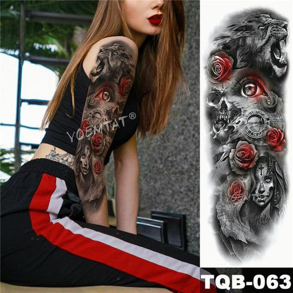 Large Arm Sleeve Tattoo Maori Power Totem Waterproof Temporary Tatto Sticker Warrior Samurai Angel Skull Men Full Black Tatoo