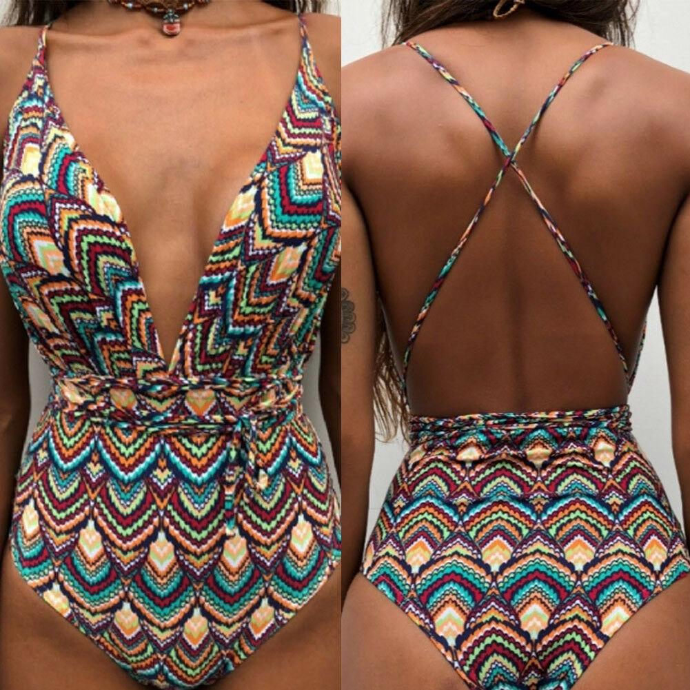 Hirigin Sexy Women's Swimsuit Bling One Piece Pattern Bathing Monokini Push Up Bikini Swimsuit Swimwear