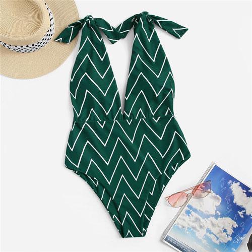 Romwe Sport Chevron Self Tie V Neck Monokini Summer Sexy Swimsuit Women Beach Wireless One Piece Bathing Suit High Cut Swimsuit