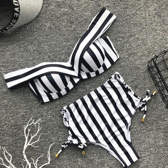 Striped swimsuit women High waist bikini set Off shoulder swimwear 2019 Lace up bathing suit Sexy two-piece suit Push up bathers