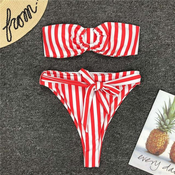 Striped swimsuit women High waist bikini set Off shoulder swimwear 2019 Lace up bathing suit Sexy two-piece suit Push up bathers