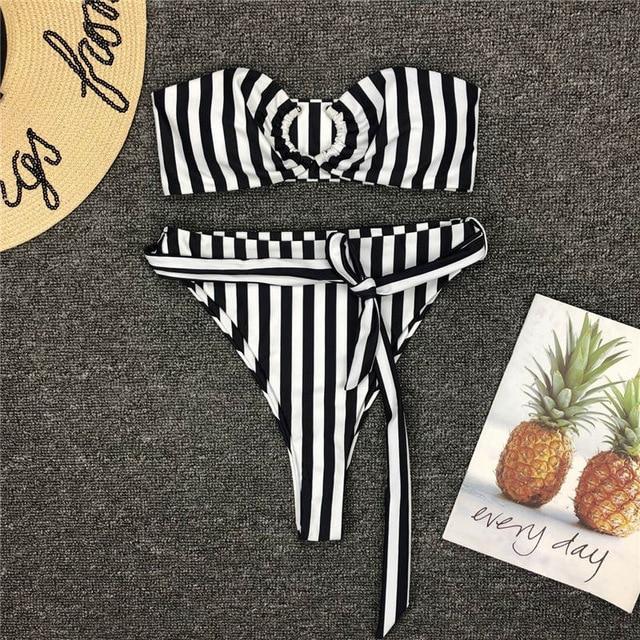 Striped swimsuit women High waist bikini set Off shoulder swimwear 2019 Lace up bathing suit Sexy two-piece suit Push up bathers
