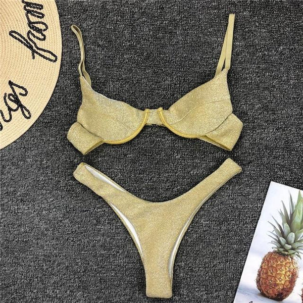 In-X Sexy thong bikini 2019 High cut swimsuit Silver push up bikini Shiny brazilian swimwear women bather Underwire Bathing suit