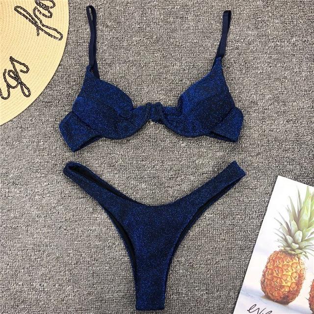 In-X Sexy thong bikini 2019 High cut swimsuit Silver push up bikini Shiny brazilian swimwear women bather Underwire Bathing suit
