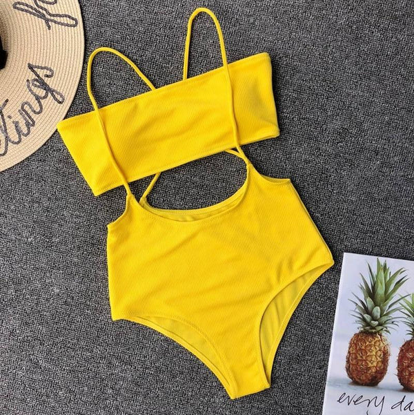 JSY Yellow Swimsuit Women's Two Piece Ribbed Bandeau Top and High Waist Slip Bikini Bottoms Padded Beachwear Bathing Suit Women