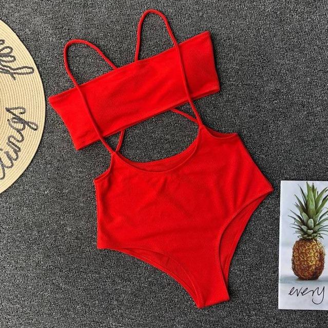 JSY Yellow Swimsuit Women's Two Piece Ribbed Bandeau Top and High Waist Slip Bikini Bottoms Padded Beachwear Bathing Suit Women