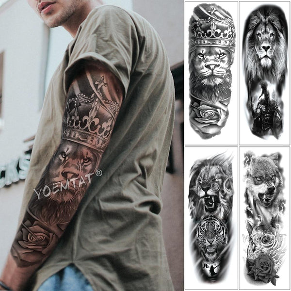 Large Arm Sleeve Tattoo Lion Crown King Rose Waterproof Temporary Tatoo Sticker Wild Wolf Tiger Men Full Skull Totem Tatto