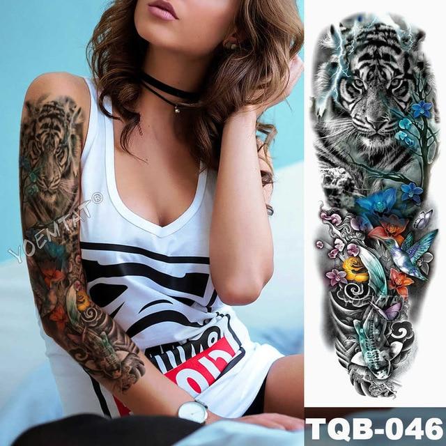 Large Arm Sleeve Tattoo Lion Crown King Rose Waterproof Temporary Tatoo Sticker Wild Wolf Tiger Men Full Skull Totem Tatto
