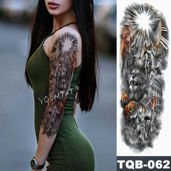 Large Arm Sleeve Tattoo Lion Crown King Rose Waterproof Temporary Tatoo Sticker Wild Wolf Tiger Men Full Skull Totem Tatto