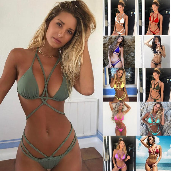 2019 ROSIELARS Bikini Beachwear Sexy Two Piece Set Women Swimsuit String Cross Low Waist  Fashion Swimwear Female Bathing Suits