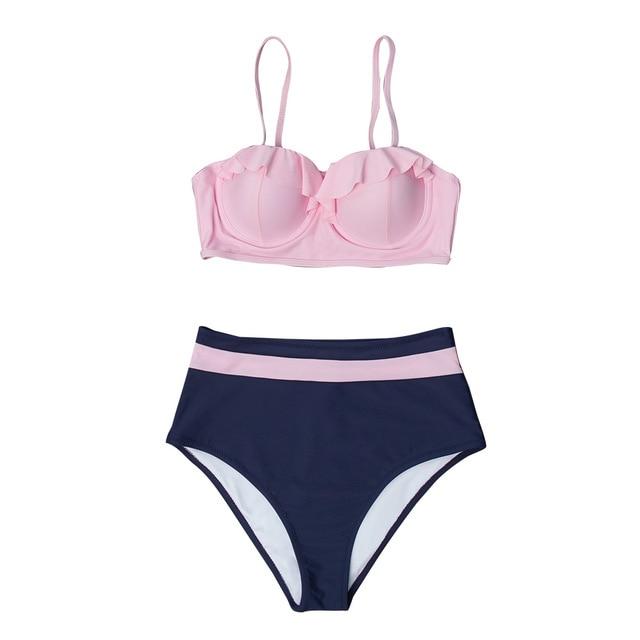 CUPSHE Pink Navy High-Waisted Push Up Bikini With Molded Cups Sexy Swimsuit Two Pieces Swimwear Women 2019 Beach Bathing Suit