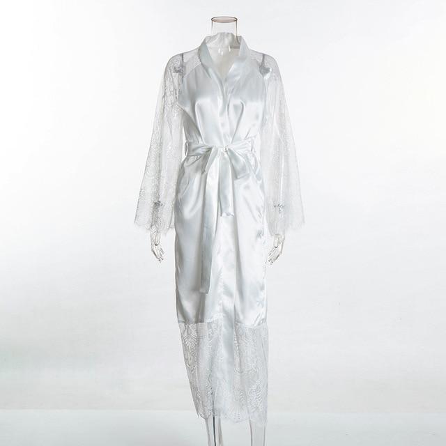 Fashion Sexy Pajama Dress Lingerie with Robe Long Sleeve Lace Nightgown with Belt Sleepwear Satin Women Bridesmaid Bathrobe