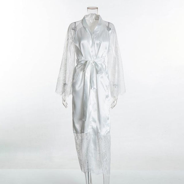 Fashion Sexy Pajama Dress Lingerie with Robe Long Sleeve Lace Nightgown with Belt Sleepwear Satin Women Bridesmaid Bathrobe