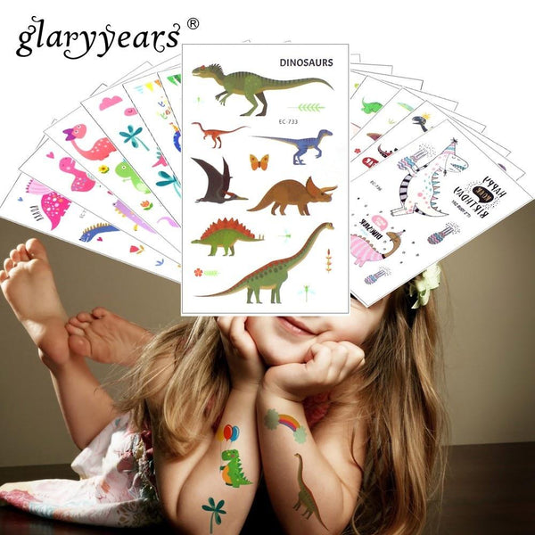 Glaryyears 1 Sheet Temporary Tattoo Sticker Colorful Fake Tatoo Dinosaur Flash Tatto Waterproof Small Body Art Child 16 Designs