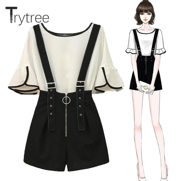 Trytree Summer Women Two piece set Casual O-Neck Flare Sleeve Top + Shorts Zipper Fly Strap Shorts Suit Office Lady 2 Piece Set
