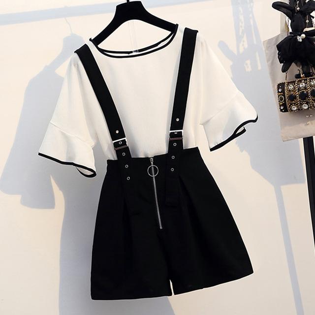 Trytree Summer Women Two piece set Casual O-Neck Flare Sleeve Top + Shorts Zipper Fly Strap Shorts Suit Office Lady 2 Piece Set