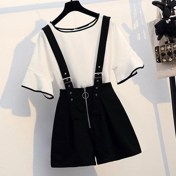 Trytree Summer Women Two piece set Casual O-Neck Flare Sleeve Top + Shorts Zipper Fly Strap Shorts Suit Office Lady 2 Piece Set