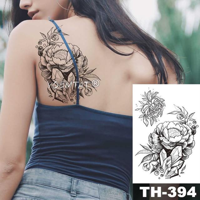 Sketch Flower Blossom Peony Rose Waterproof Temporary Tattoo Sticker Black Tattoos Body Art Arm Hand Girl Women Fake Tatoo
