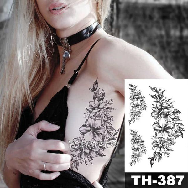 Sketch Flower Blossom Peony Rose Waterproof Temporary Tattoo Sticker Black Tattoos Body Art Arm Hand Girl Women Fake Tatoo