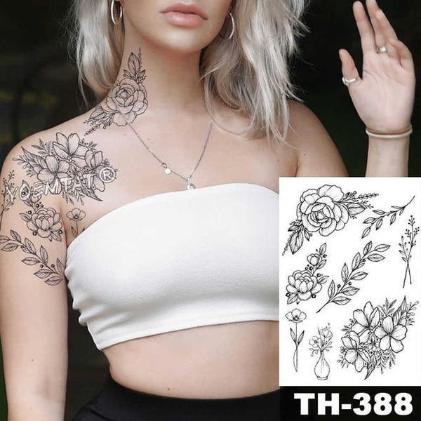 Sketch Flower Blossom Peony Rose Waterproof Temporary Tattoo Sticker Black Tattoos Body Art Arm Hand Girl Women Fake Tatoo