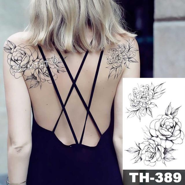 Sketch Flower Blossom Peony Rose Waterproof Temporary Tattoo Sticker Black Tattoos Body Art Arm Hand Girl Women Fake Tatoo